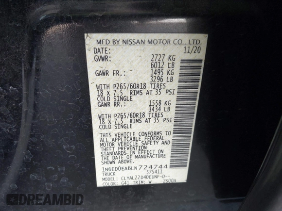 2020 Nissan Frontier SV z VIN 1N6ED0EA6LN724744, wystawiony jako IAAI lot #41879935 z przebiegiem 51 376 mil mil oraz . Historia ofert i sprzedaży dostępna na DreamBid. Obrazek 9.