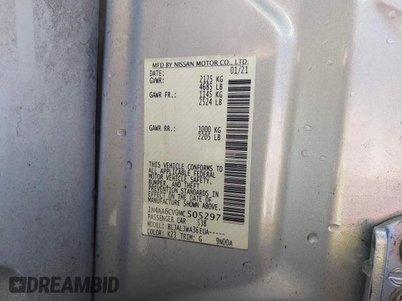 2021 Nissan Maxima SV with VIN 1N4AA6CV0MC505297, listed as a IAAI auction lot 41920090 with 70,100 mi miles and . Bid and sale history available at DreamBid. Image 9.