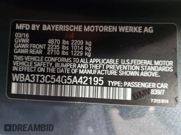 2016 BMW 4 Series 435i with VIN WBA3T3C54G5A42195, listed as a Copart auction lot 85067364 with 57,070 mi miles and Salvage title. Bid and sale history available at DreamBid. Image 12.