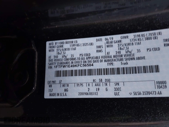 2019 Ford F-150 XL with VIN 1FTFW1E49KFC56504, listed as a IAAI auction lot 41239404 with 72,213 mi miles. Bid and sale history available at carsss.com. Image 9.