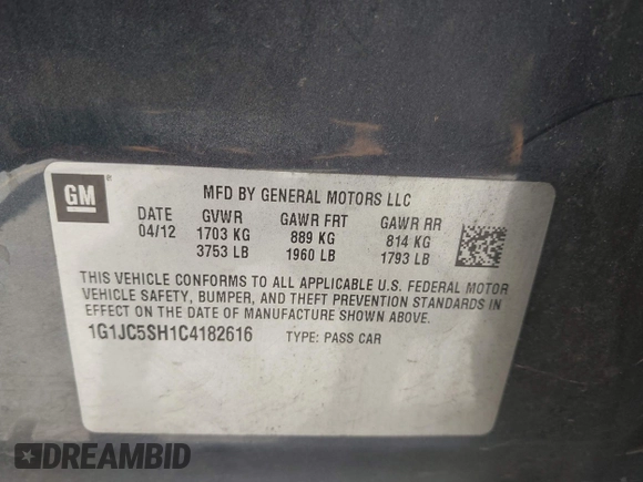 2012 Chevrolet Sonic LT with VIN 1G1JC5SH1C4182616, listed as a IAAI auction lot 42081899 with 92,802 mi miles and . Bid and sale history available at DreamBid. Image 9.