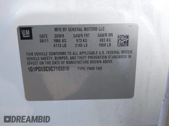 2012 Chevrolet Cruze 2LT with VIN 1G1PG5SC9C7103016, listed as a IAAI auction lot 41361255 with 130,273 mi miles and . Bid and sale history available at DreamBid. Image 9.
