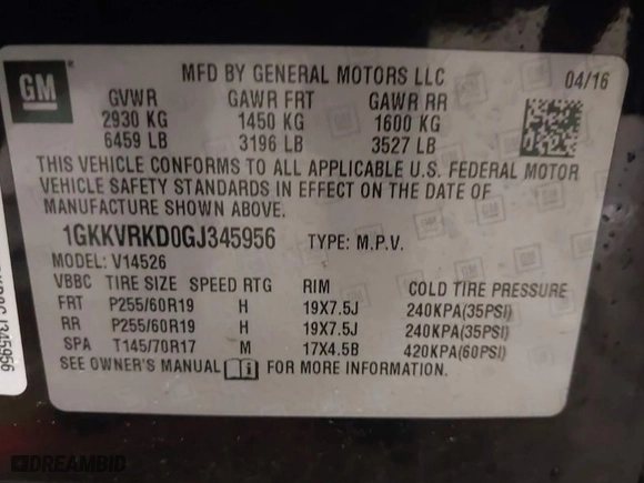 2016 GMC Acadia SLT with VIN 1GKKVRKD0GJ345956, listed as a IAAI auction lot 41332667 with 129,346 mi miles. Bid and sale history available at carsss.com. Image 9.