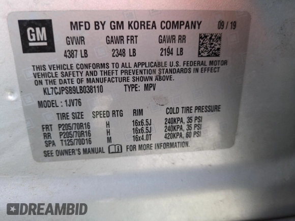 2020 Chevrolet Trax LT with VIN KL7CJPSB9LB038110, listed as a Copart auction lot 60111125 with 54,710 mi miles and Salvage title. Bid and sale history available at DreamBid. Image 12.