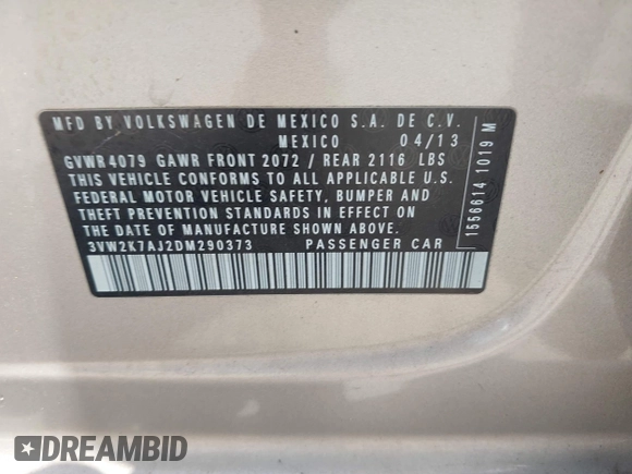 2013 Volkswagen Jetta S with VIN 3VW2K7AJ2DM290373, listed as a IAAI auction lot 42881516 with 101,220 mi miles and . Bid and sale history available at DreamBid. Image 9.