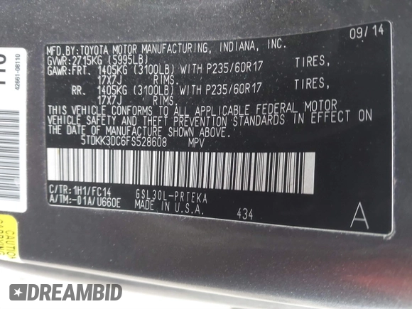 2015 Toyota Sienna LE AAS with VIN 5TDKK3DC6FS528608, listed as a IAAI auction lot 41492955 with 137,853 mi miles and . Bid and sale history available at DreamBid. Image 9.