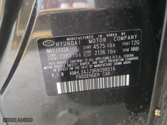 2024 Hyundai Sonata Hybrid SEL with VIN KMHL34JJ9RA098516, listed as a Copart auction lot 46903415 with 17,651 mi miles and Non Repairable. Bid and sale history available at carsss.com. Image 12.
