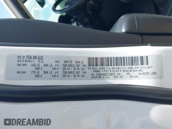 2015 Dodge Durango SXT with VIN 1C4RDHAG6FC145573, listed as a IAAI auction lot 42300420 with 134,684 mi miles and . Bid and sale history available at DreamBid. Image 9.