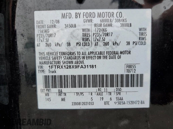 2009 Ford F-150 STX with VIN 1FTRX128X9FA31181, listed as a Copart auction lot 51261875 with 187,338 mi miles and Clean Title. Bid and sale history available at carsss.com. Image 12.
