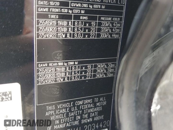 2020 Land Rover Defender X with VIN SALEX7EU4L2034420, listed as a Copart auction lot 59281815 with 41,249 mi miles and Salvage title. Bid and sale history available at DreamBid. Image 14.