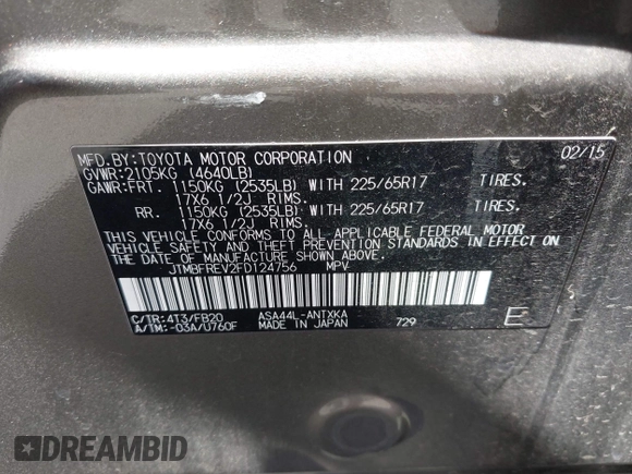 2015 Toyota RAV4 LE with VIN JTMBFREV2FD124756, listed as a IAAI auction lot 42051691 with 92,699 mi miles and . Bid and sale history available at DreamBid. Image 9.