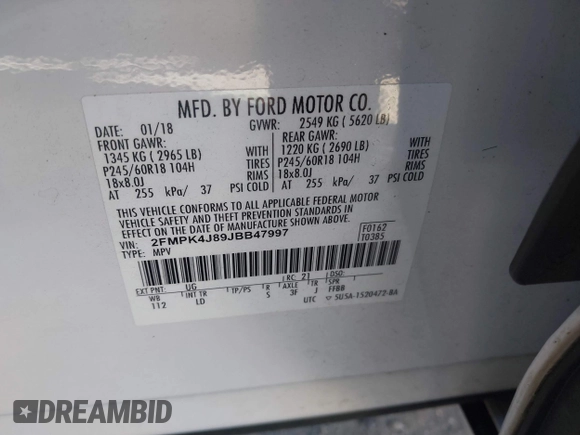2018 Ford Edge SEL with VIN 2FMPK4J89JBB47997, listed as a IAAI auction lot 41022569 with 136,838 mi miles. Bid and sale history available at carsss.com. Image 9.