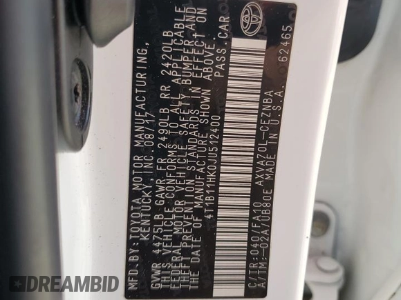 2018 Toyota Camry LE with VIN 4T1B11HK0JU512400, listed as a Copart auction lot 55839265 with 117,510 mi miles and Salvage title. Bid and sale history available at DreamBid. Image 12.