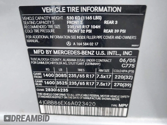 2006 Mercedes-Benz M 350 with VIN 4JGBB86EX6A023420, listed as a IAAI auction lot 41897864 with 175,475 mi miles and . Bid and sale history available at DreamBid. Image 9.