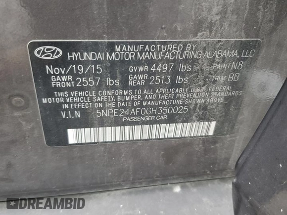 2016 Hyundai Sonata SE with VIN 5NPE24AF0GH350025, listed as a Copart auction lot 64948035 with 136,749 mi miles and Clean title. Bid and sale history available at DreamBid. Image 12.