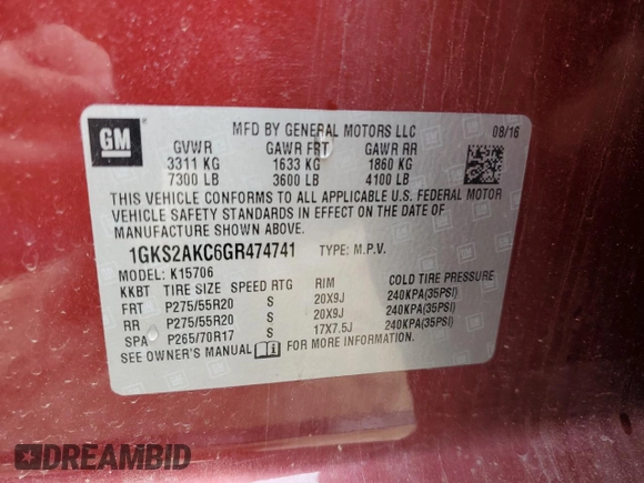 2016 GMC Yukon SLE with VIN 1GKS2AKC6GR474741, listed as a Copart auction lot 48409505 with 127,140 mi miles and Clean Title. Bid and sale history available at carsss.com. Image 13.