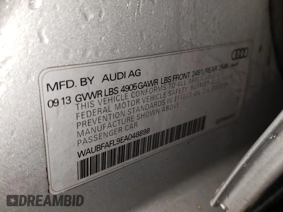 2014 Audi A4 Premium with VIN WAUBFAFL9EA048898, listed as a Copart auction lot 47558915 with 177,073 mi miles and Salvage Title. Bid and sale history available at carsss.com. Image 13.