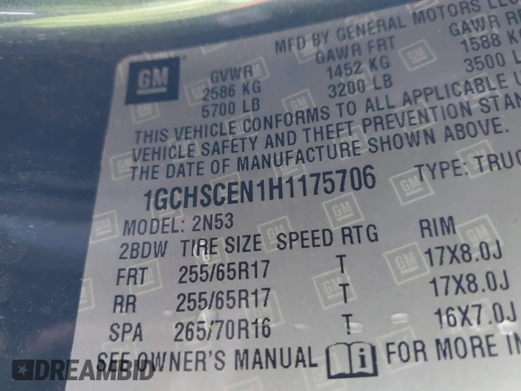 2017 Chevrolet Colorado 2WD LT with VIN 1GCHSCEN1H1175706, listed as a IAAI auction lot 41347323 with 127,731 mi miles. Bid and sale history available at carsss.com. Image 9.