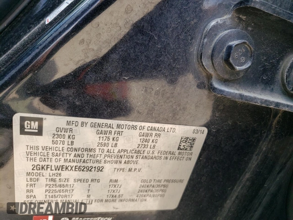 2014 GMC Terrain SLE with VIN 2GKFLWEKXE6292192, listed as a Copart auction lot 63459575 with 193,089 mi miles and Clean title. Bid and sale history available at DreamBid. Image 12.