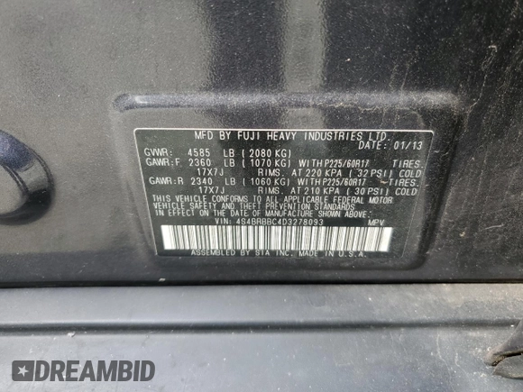 2013 Subaru Outback Premium z VIN 4S4BRBBC4D3278093, wystawiony jako Copart lot #60155325 z przebiegiem 155 667 mil mil oraz Szkoda całkowita • Salvage title. Historia ofert i sprzedaży dostępna na DreamBid. Obrazek 13.