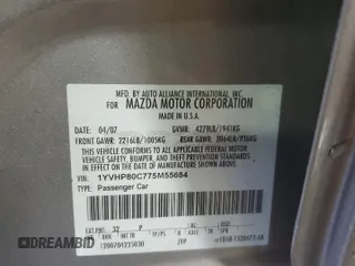 2007 Mazda 6 i Touring with VIN 1YVHP80C775M55684, listed as a Copart auction lot 50104955 with 49,608 mi miles and Salvage Title. Bid and sale history available at DreamBid. Image 12.