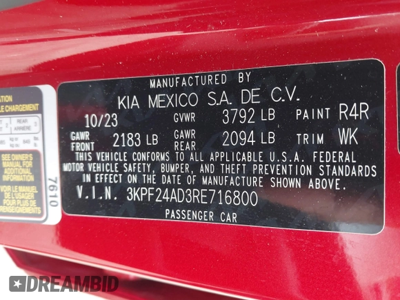 2024 Kia Forte LXS with VIN 3KPF24AD3RE716800, listed as a IAAI auction lot 41976514 with 13,307 mi miles. Bid and sale history available at carsss.com. Image 9.
