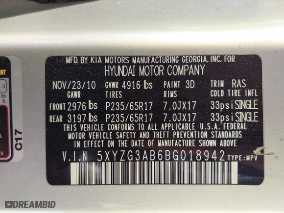 2011 Hyundai Santa Fe GLS with VIN 5XYZG3AB6BG018942, listed as a IAAI auction lot 41974786 with 151,214 mi miles. Bid and sale history available at carsss.com. Image 9.