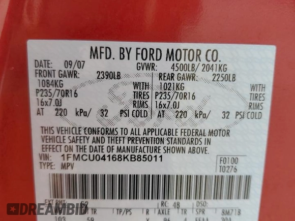 2008 Ford Escape Limited с VIN 1FMCU04168KB85011, выставлен на аукционе Copart как лот 56763465 с пробегом 147 710 миль миль и Списание • Salvage title. История ставок и продаж доступна на DreamBid. Изображение 13.