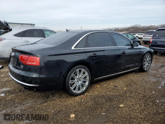 2014 Audi A8 4.0T with VIN WAUR2AFD1EN003630, listed as a Copart auction lot 46366935 with 101,747 mi miles and Salvage Title. Bid and sale history available at DreamBid. Image 3.