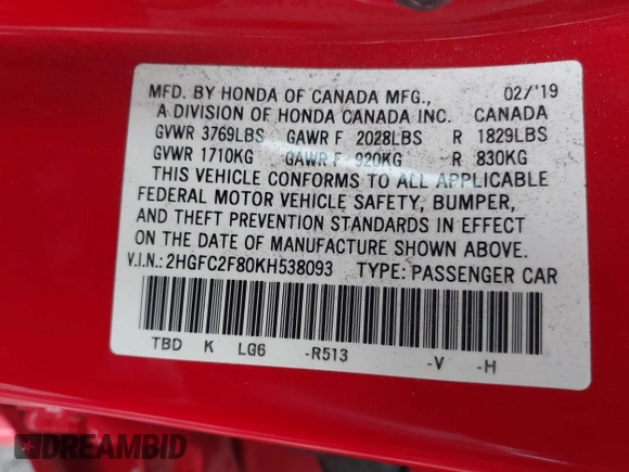 2019 Honda Civic Sport with VIN 2HGFC2F80KH538093, listed as a IAAI auction lot 42093863 with 63,349 mi miles and . Bid and sale history available at DreamBid. Image 9.