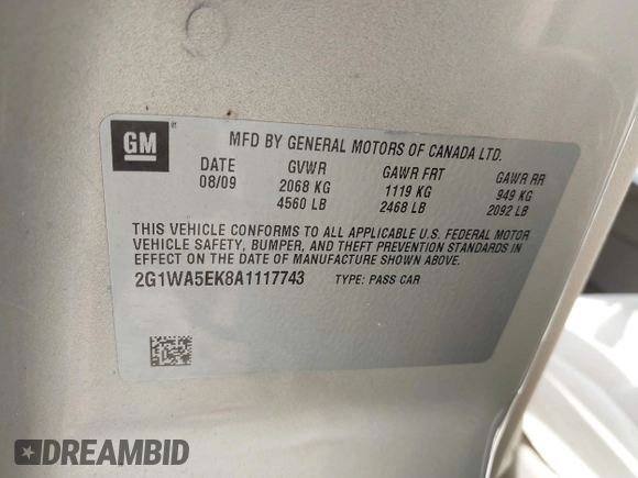 2010 Chevrolet Impala LS with VIN 2G1WA5EK8A1117743, listed as a IAAI auction lot 39859241 with Not Provided miles and . Bid and sale history available at DreamBid. Image 9.