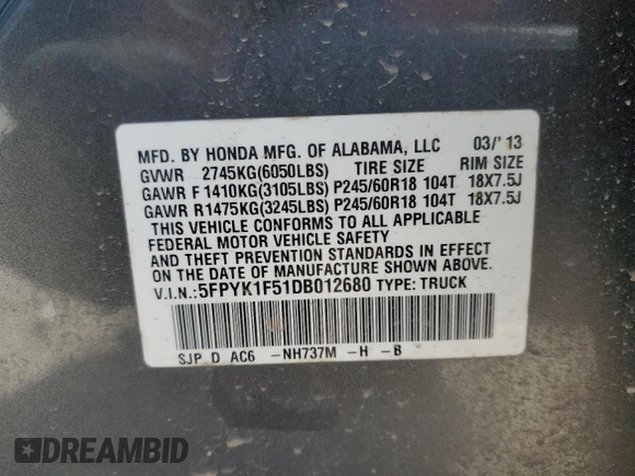 2013 Honda Ridgeline RTL with VIN 5FPYK1F51DB012680, listed as a Copart auction lot 50987085 with 63,372 mi miles and Salvage Title. Bid and sale history available at carsss.com. Image 13.