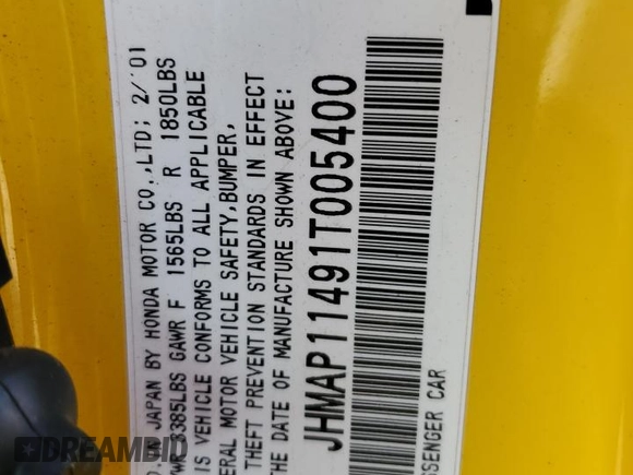 2001 Honda S2000 z VIN JHMAP11491T005400, wystawiony jako Copart lot #44014225 z przebiegiem 146 890 mil mil oraz Czysty tytuł • Clean title. Historia ofert i sprzedaży dostępna na DreamBid. Obrazek 12.