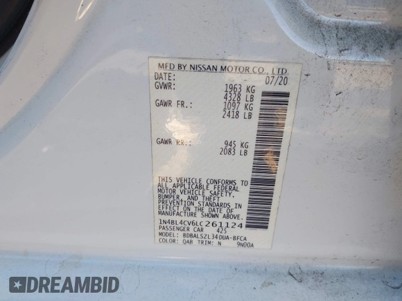 2020 Nissan Altima 2.5 SR with VIN 1N4BL4CV6LC261124, listed as a IAAI auction lot 41771341 with 102,289 mi miles. Bid and sale history available at carsss.com. Image 9.