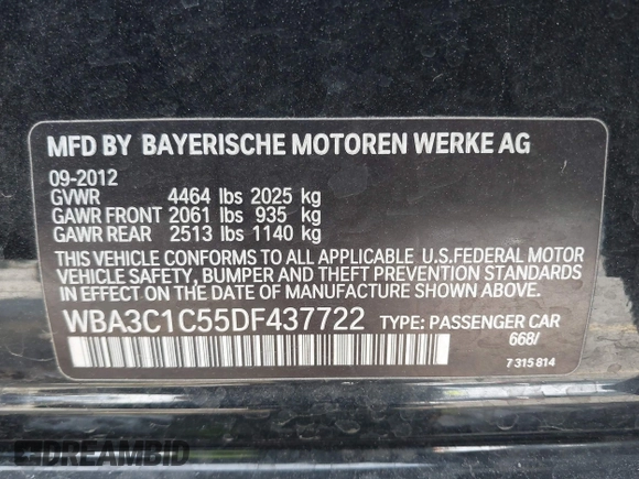 2013 BMW 3 Series 328i with VIN WBA3C1C55DF437722, listed as a IAAI auction lot 41888700 with 70,786 mi miles. Bid and sale history available at carsss.com. Image 9.