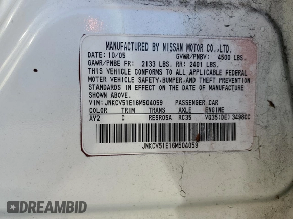 2006 Infiniti G35 with VIN JNKCV51E16M504059, listed as a Copart auction lot 78990024 with 126,145 mi miles and Salvage Title. Bid and sale history available at DreamBid. Image 14.