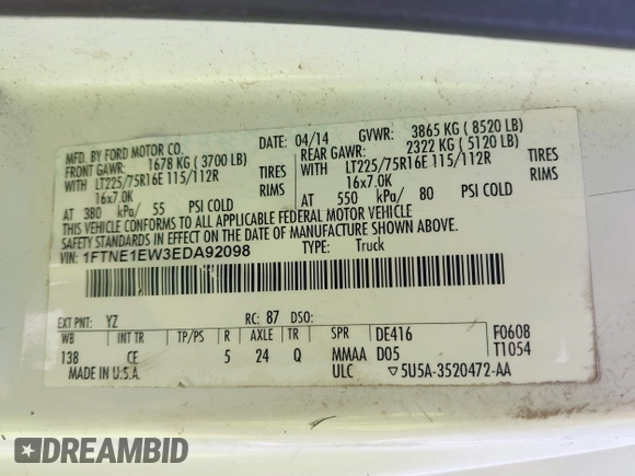 2014 Ford Econoline Cargo Commercial with VIN 1FTNE1EW3EDA92098, listed as a IAAI auction lot 41985717 with 236,117 mi miles and . Bid and sale history available at DreamBid. Image 9.