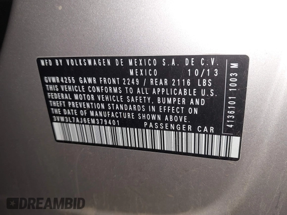 2014 Volkswagen Jetta TDI w/Premium with VIN 3VW3L7AJ6EM379401, listed as a IAAI auction lot 42086326 with 89,870 mi miles and . Bid and sale history available at DreamBid. Image 9.