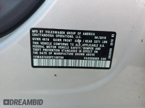 2015 Volkswagen Passat Limited Edition with VIN 1VWAS7A32FC109788, listed as a Copart auction lot 59174315 with 123,013 mi miles and Salvage title. Bid and sale history available at DreamBid. Image 13.
