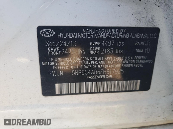 2014 Hyundai Sonata Limited with VIN 5NPEC4AB6EH817925, listed as a Copart auction lot 81996914 with 85,172 mi miles and Salvage Title. Bid and sale history available at DreamBid. Image 14.