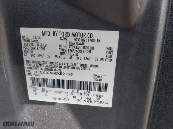 2014 Ford F-150 XL with VIN 1FTEX1CM6EKE29693, listed as a IAAI auction lot 41485667 with 95,296 mi miles. Bid and sale history available at carsss.com. Image 9.