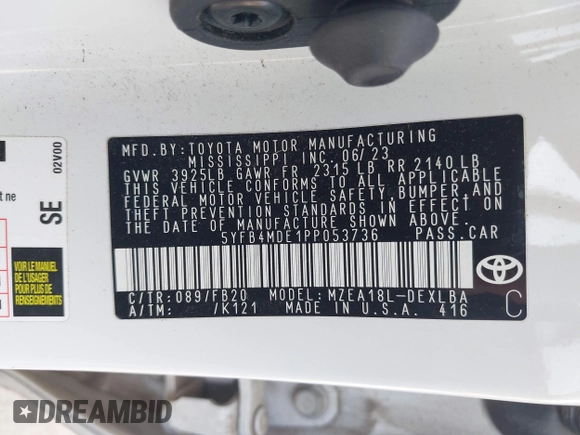 2023 Toyota Corolla LE z VIN 5YFB4MDE1PP053736, wystawiony jako IAAI lot #42151549 z przebiegiem 37 955 mil mil oraz . Historia ofert i sprzedaży dostępna na DreamBid. Obrazek 9.