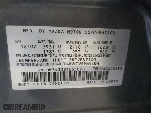2008 Mazda 3 S Touring with VIN JM1BK343081865078, listed as a Copart auction lot 52068525 with 109,006 mi miles and Salvage Title. Bid and sale history available at DreamBid. Image 13.
