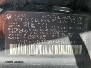 2006 BMW 3 Series 330i с VIN WBAVB33506PS16243, выставлен на аукционе Copart как лот 56112935 с пробегом 153 657 миль миль и Списание • Salvage title. История ставок и продаж доступна на DreamBid. Изображение 12.