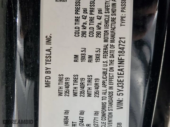 2022 Tesla Model 3 with VIN 5YJ3E1EA1NF184721, listed as a Copart auction lot 48852115 with 86,949 mi miles and Salvage Title. Bid and sale history available at carsss.com. Image 13.
