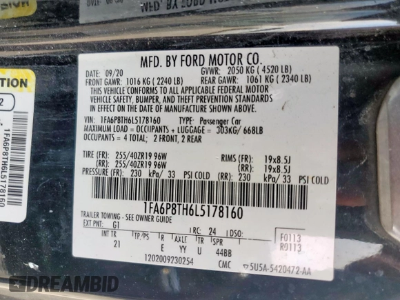 2020 Ford Mustang EcoBoost with VIN 1FA6P8TH6L5178160, listed as a Copart auction lot 57364325 with Not provided miles and Salvage title. Bid and sale history available at DreamBid. Image 13.