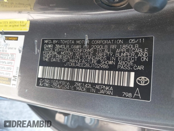2011 Toyota Corolla L with VIN JTDBU4EE2BJ102986, listed as a IAAI auction lot 41589140 with 1 mi miles. Bid and sale history available at carsss.com. Image 9.
