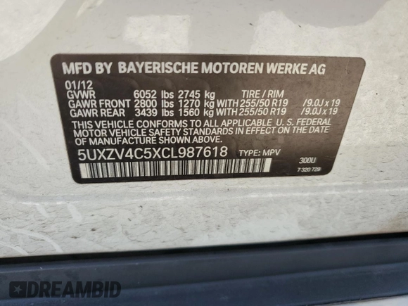 2012 BMW X5 35i with VIN 5UXZV4C5XCL987618, listed as a Copart auction lot 60308965 with 98,195 mi miles and Salvage title. Bid and sale history available at DreamBid. Image 13.