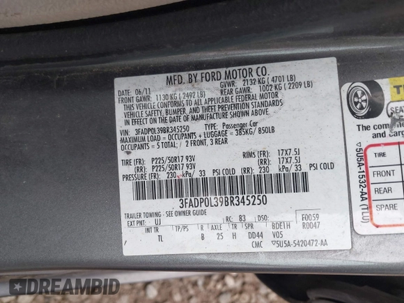 2011 Ford Fusion Hybrid with VIN 3FADP0L39BR345250, listed as a IAAI auction lot 42319401 with 321,317 mi miles and . Bid and sale history available at DreamBid. Image 9.