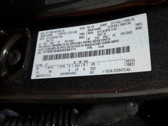 2019 Ford F-150 XL with VIN 1FTEW1E46KKE80171, listed as a Copart auction lot 48114415 with 88,003 mi miles and Salvage Title. Bid and sale history available at DreamBid. Image 14.